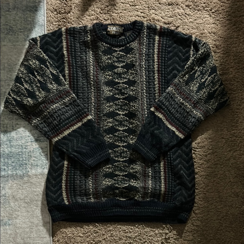 Black and Gray Crewneck Sweater with Textured Knit